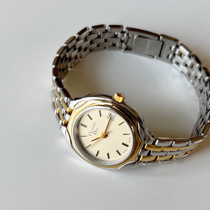 Dior 1990s Date Round Dial Two Tone Gold Plated Watch