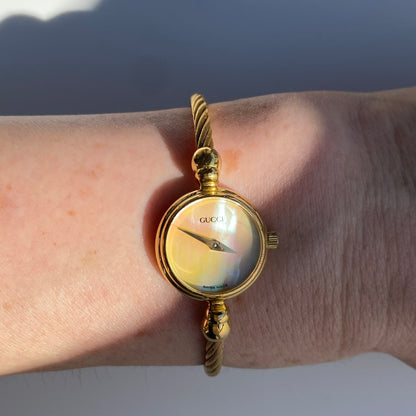 Gucci 1990s Seashell Dial Gold Plated Cable Bangle Watch