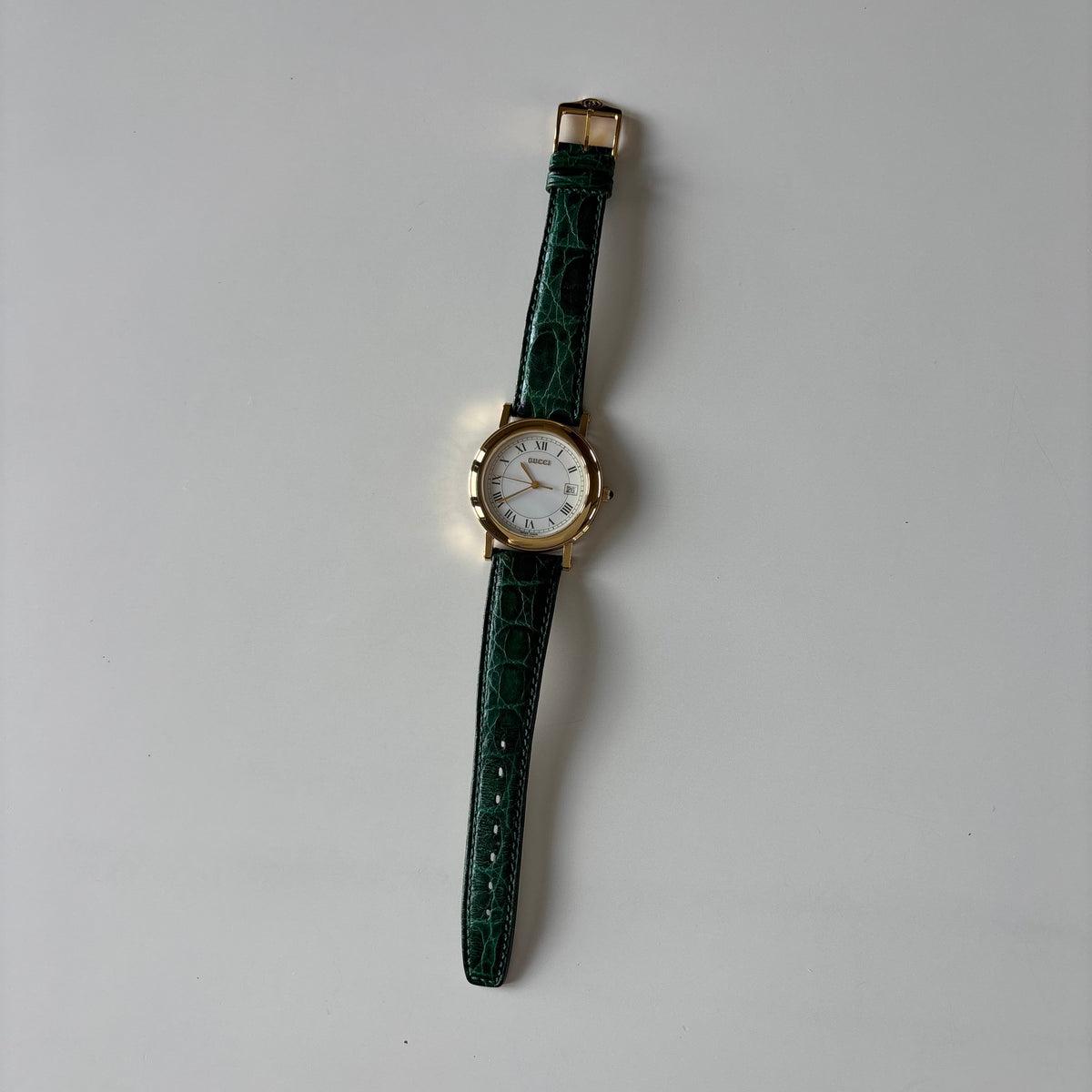Gucci 1990s Date Round Green Dial Gold-Plated Watch (Large)