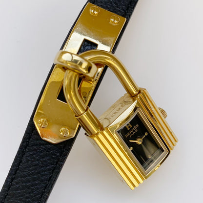 Hermes 1990s Kelly Black Dial Gold Plated Watch