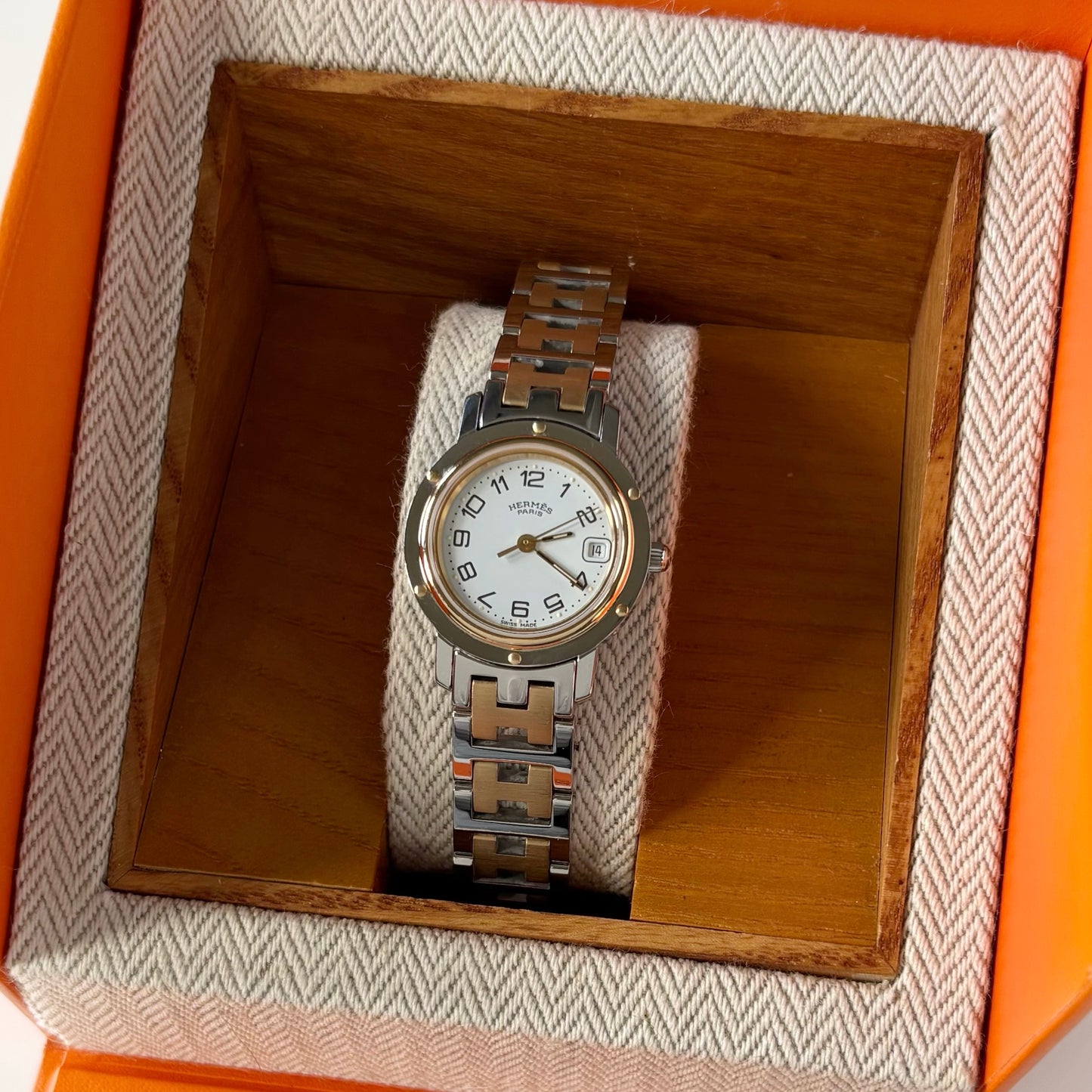 Hermes 1990s Date White Dial Clipper Two Tone Watch