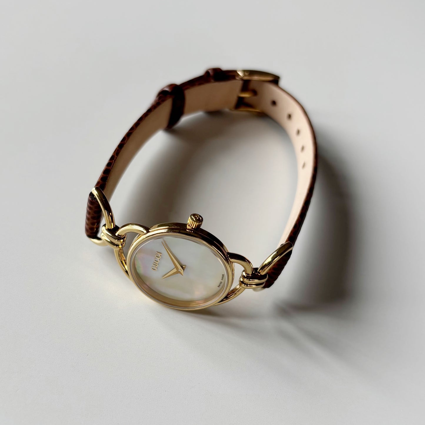 Gucci 1990s Seashell Dial Gold Plated Horsebit Gold Plated Watch