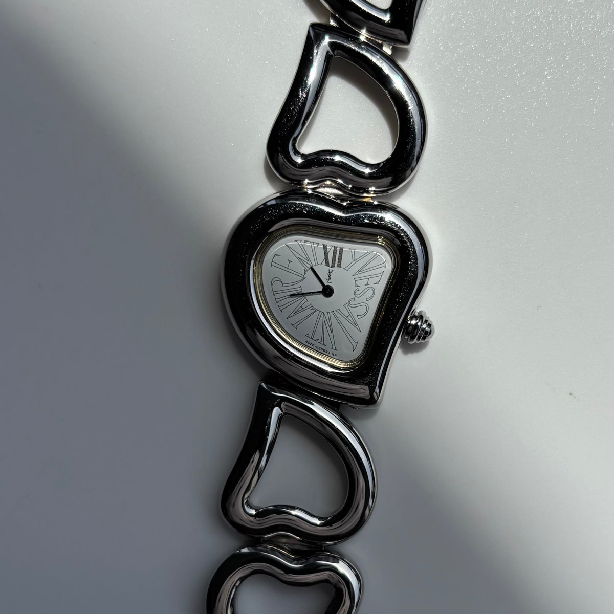 Yves Saint Laurent 1990s Heart Shaped Dial Band Silver Watch
