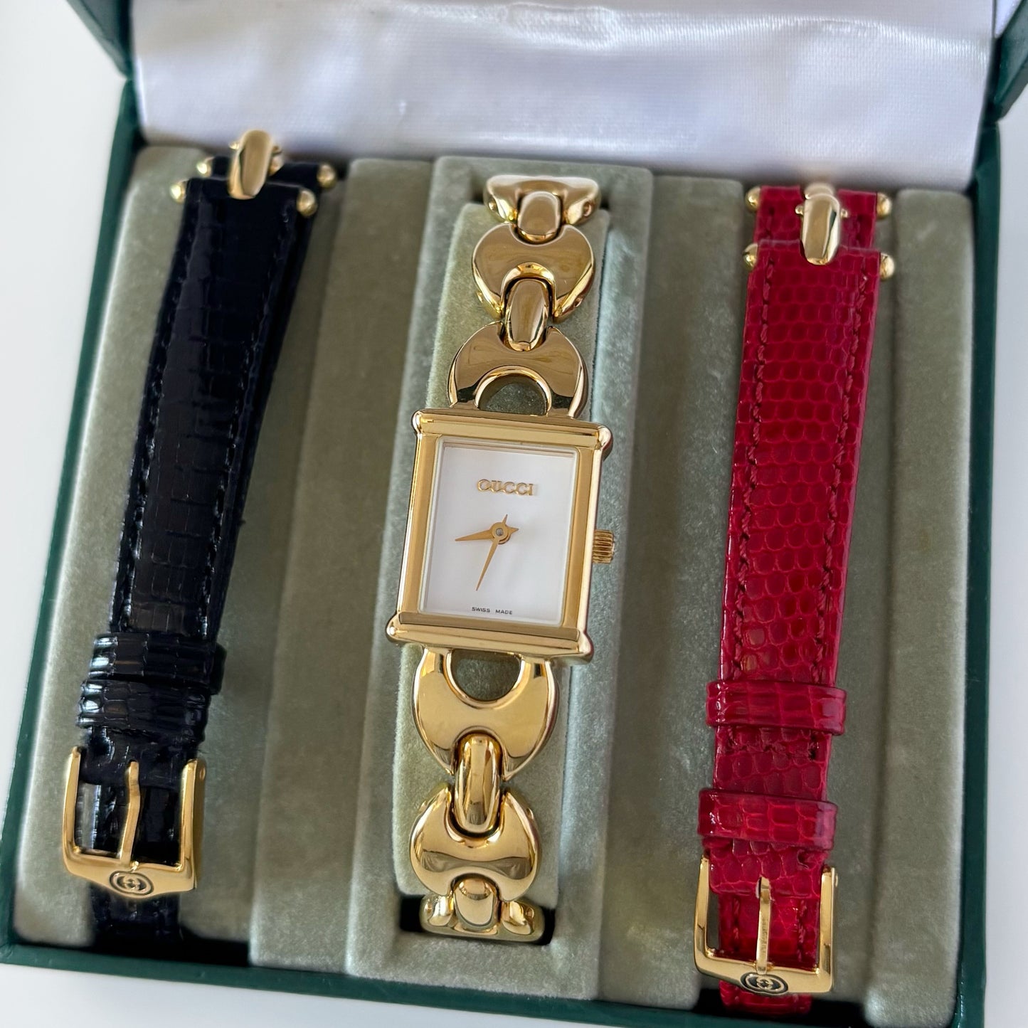 Gucci 1990s Interchangeable Belt Gold Plated Watch with 3 straps, case