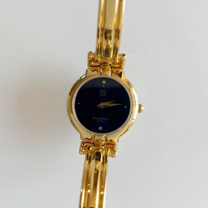 Givenchy 1990s Navy Round Dial Gold Plated Bangle Watch