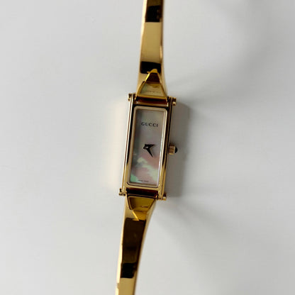 Gucci 1990s Seashell Rectangular Dial Gold Plated Bangle Watch
