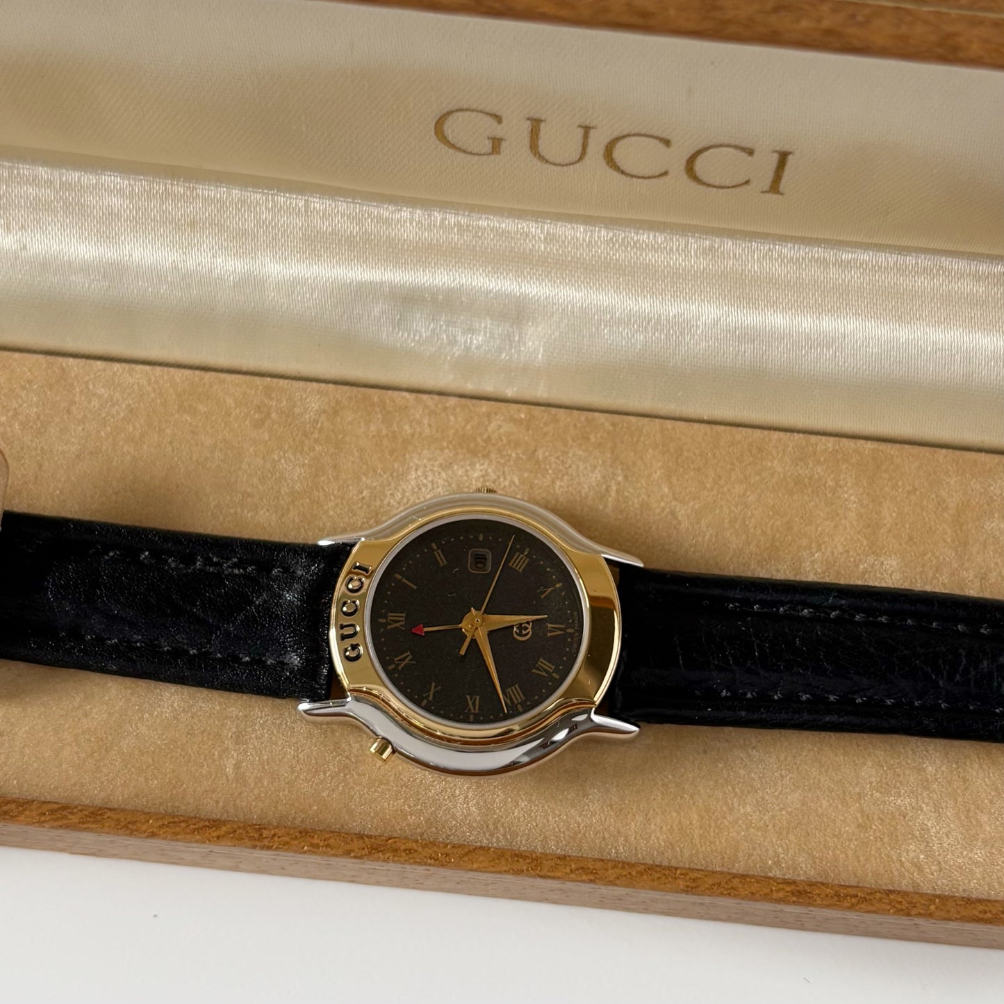 Gucci 1990s Date Black Round Dial Two Tone Watch