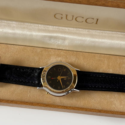 Gucci 1990s Date Black Round Dial Two Tone Watch