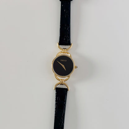 Gucci 1990s Black Round Dial Horsebit Gold Plated Watch