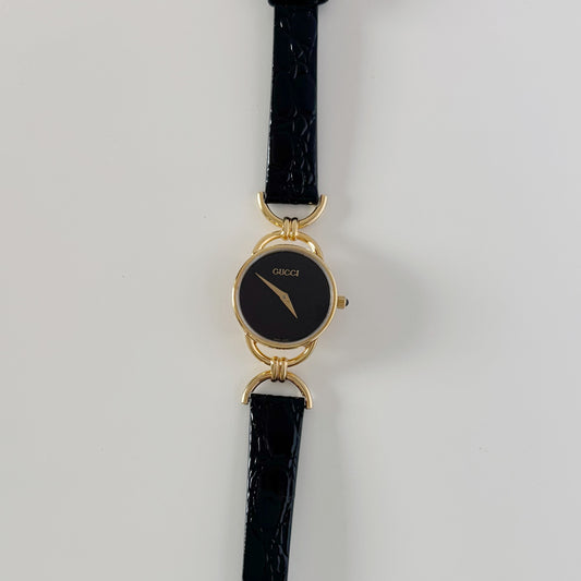 Gucci 1990s Black Round Dial Horsebit Gold Plated Watch