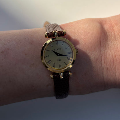Gucci 1990s Round Gold Dial Gold Plated Watch