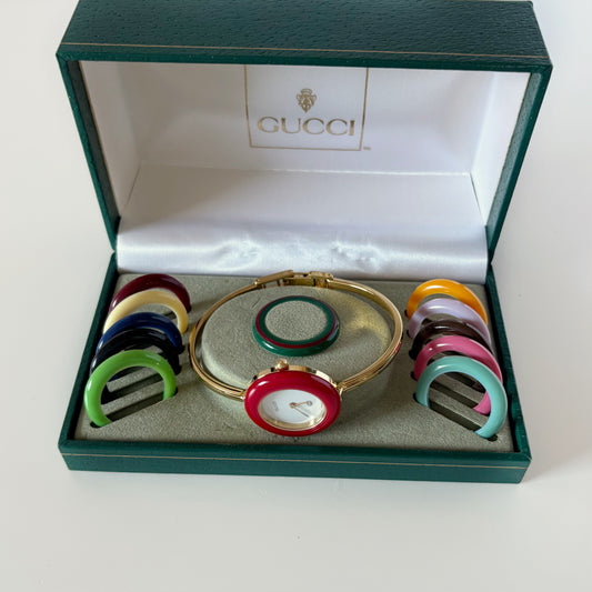 Gucci 1990s Interchangeable Bezel Gold-Plated Bangle Watch with 12 Bezels and Case