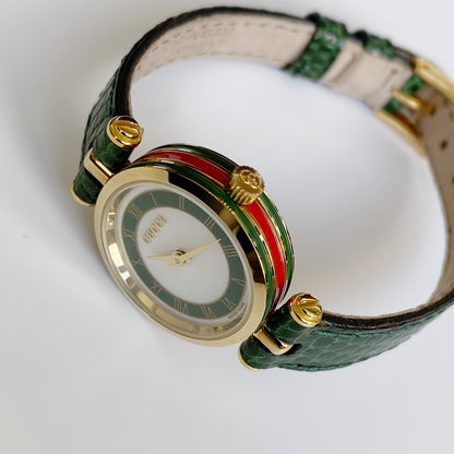 Gucci 1990s Round Green Leather Watch