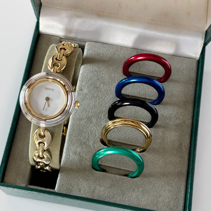 Gucci 1990s Interchangeable Bezel Gold Plated Chain Watch with 6 bezels, case (165mm)
