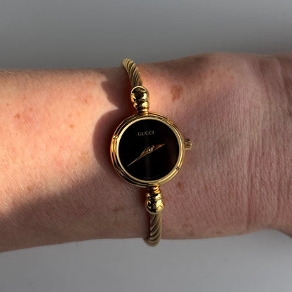 Gucci 1990s Black Dial Gold Plated Cable Bangle Watch