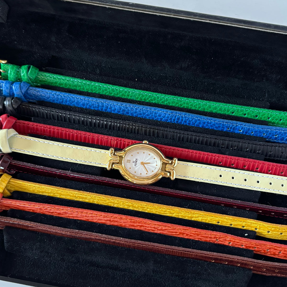 Fendi 1990s Interchangeable Strap Gold-Plated Watch with 9 Straps and Case