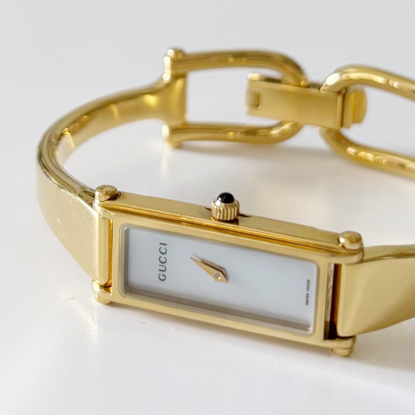 Gucci 1990s Seashell Dial Rectangular Gold Plated Bangle Watch