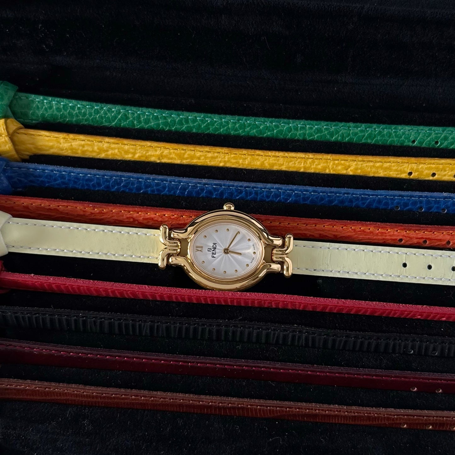 Fendi 1990s Interchangeable Strap Gold Plated Watch with 9 straps, case