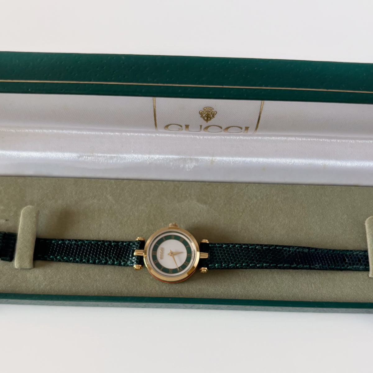 Gucci 1990s Round Dial Cherry Green Gold-Plated Watch