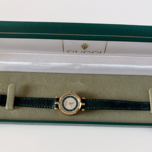 Gucci 1990s Round Dial Cherry Green Gold-Plated Watch