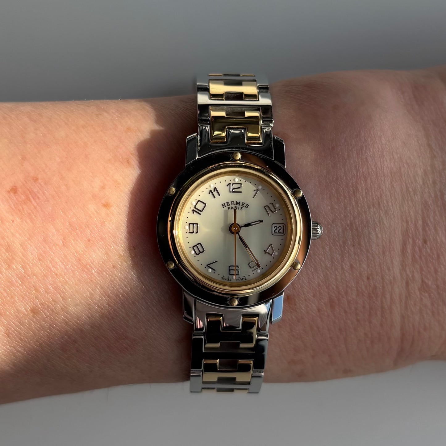 Hermes Early 2000s Clipper Seashell Dial Gold Plated Two Tone Watch