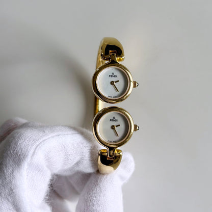 Fendi 1990s Seashell Dial Two Time Zone Gold Plated Bangle Watch