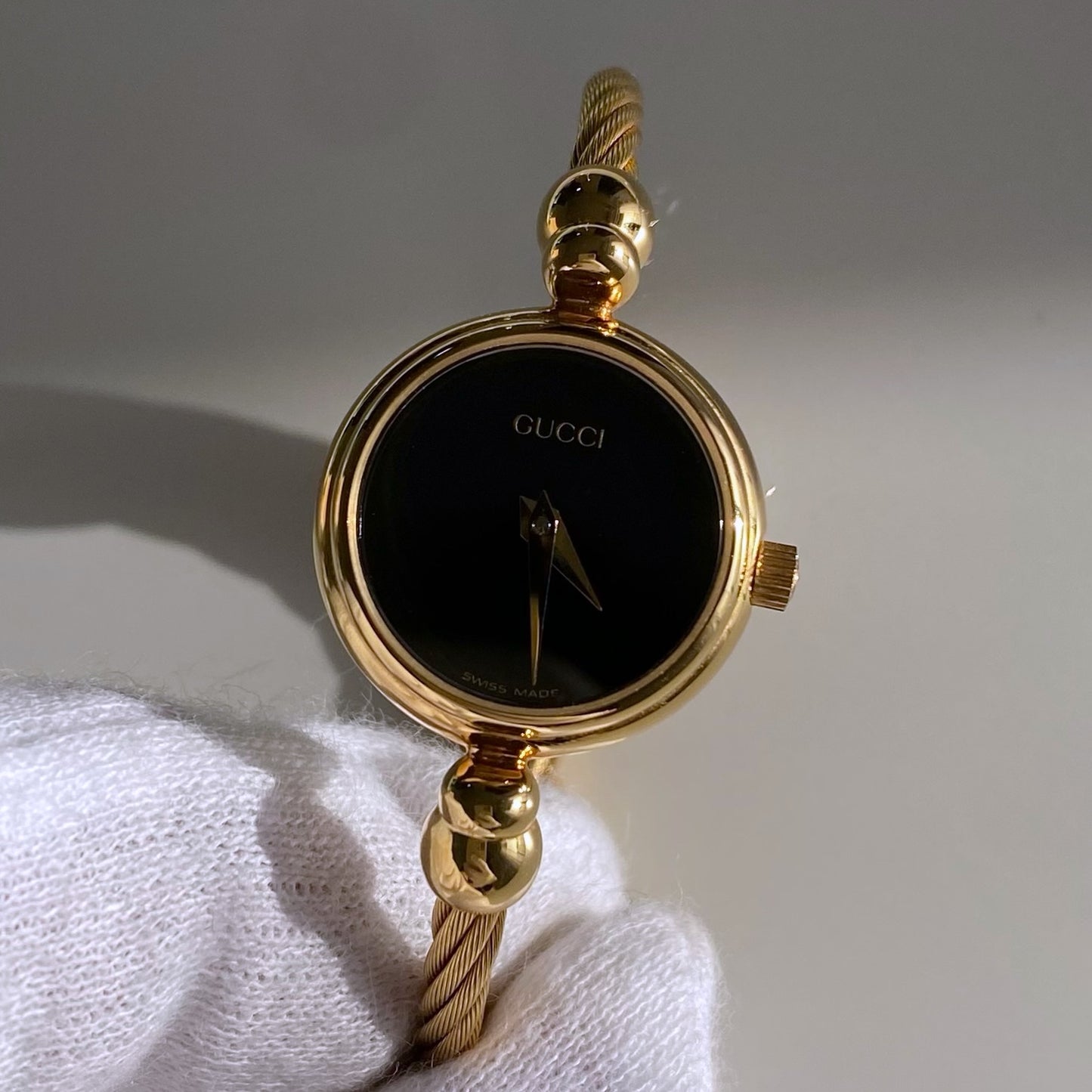 Gucci 1990s Black Dial Gold Plated Bangle Watch