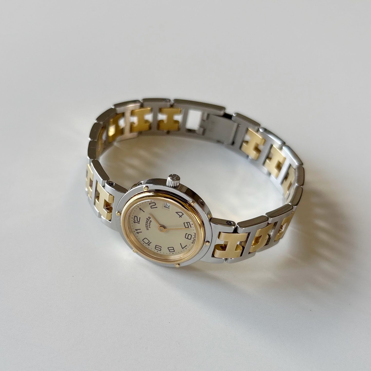 Hermes 1990s Cream Round Dial Gold Plated Two Tone Watch