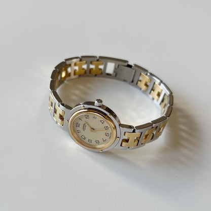 Hermes 1990s Cream Round Dial Gold Plated Two Tone Watch