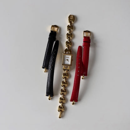 Gucci 1990s Interchangeable Strap Gold Plated Watch with 3 straps, case