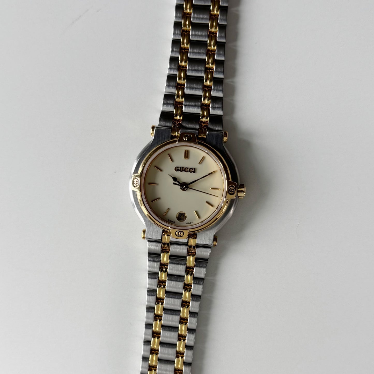 Gucci 1990s Date Round Dial Two Tone Gold Plated Watch