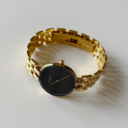 Dior 1990s Bagheera Round Black Dial Gold Plated Watch