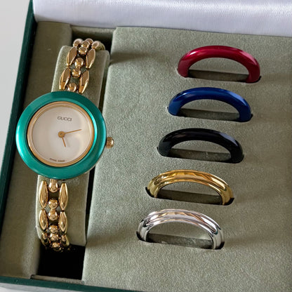 Gucci 1990s Interchangeable Bezel Gold Plated Rice Chain Watch with 6 bezels, case (166mm)