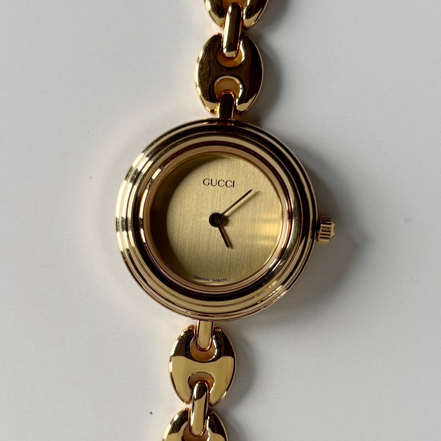 Gucci 1990s Interchangeable Bezel Gold Plated Rice Chain Watch with 6 bezels, case (170mm)