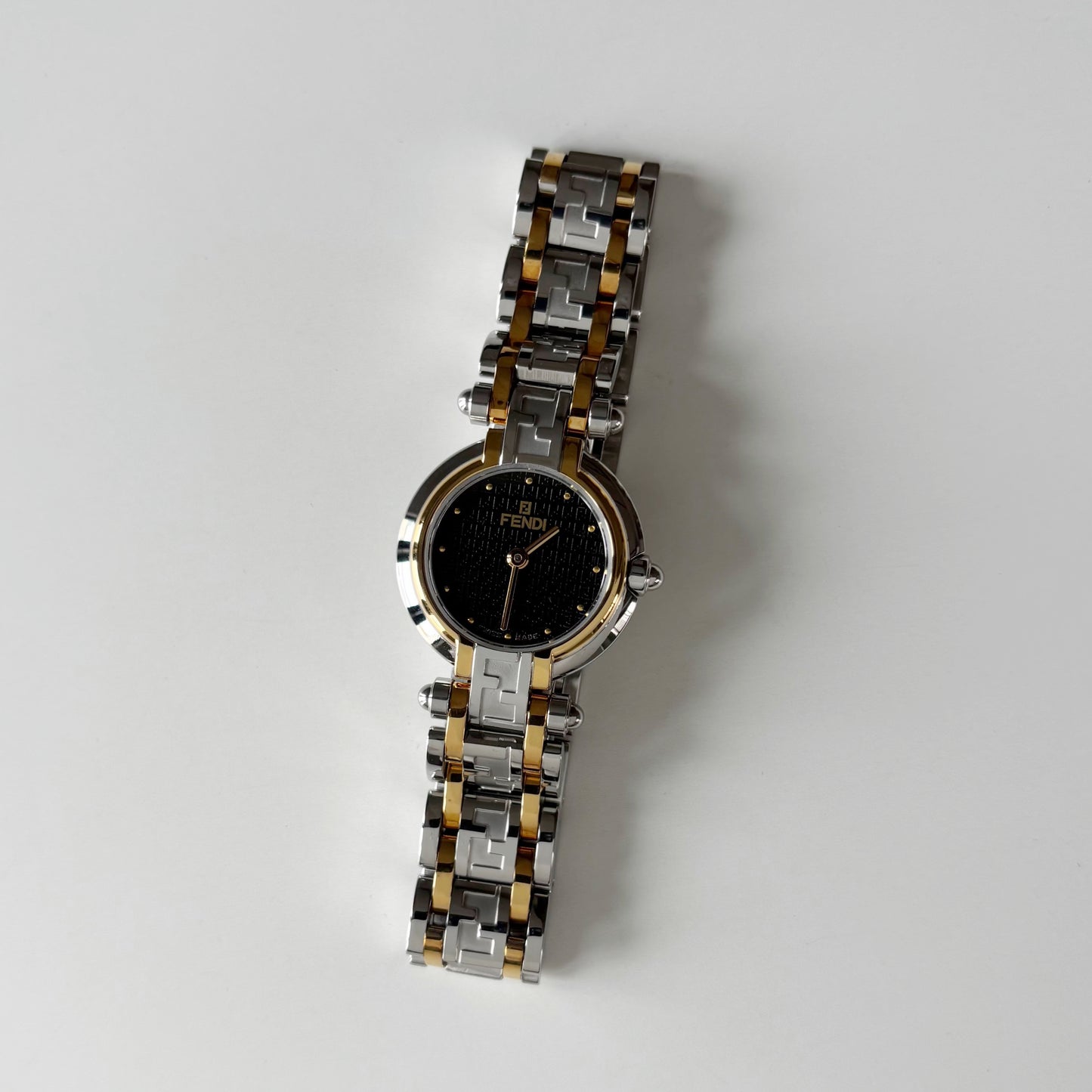 Fendi 1990s Black Round Dial Two Tone Watch