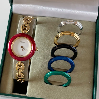 Gucci 1990s Interchangeable Bezel Gold Plated Chain Watch with 6 bezels, case (165mm)