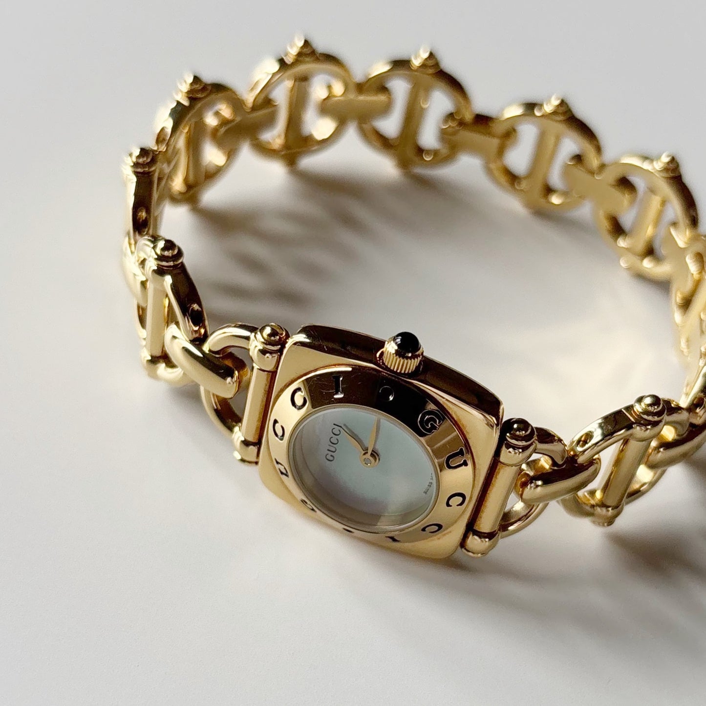 Gucci 1990s Seashell Dial Gold Plated Horsebit Watch