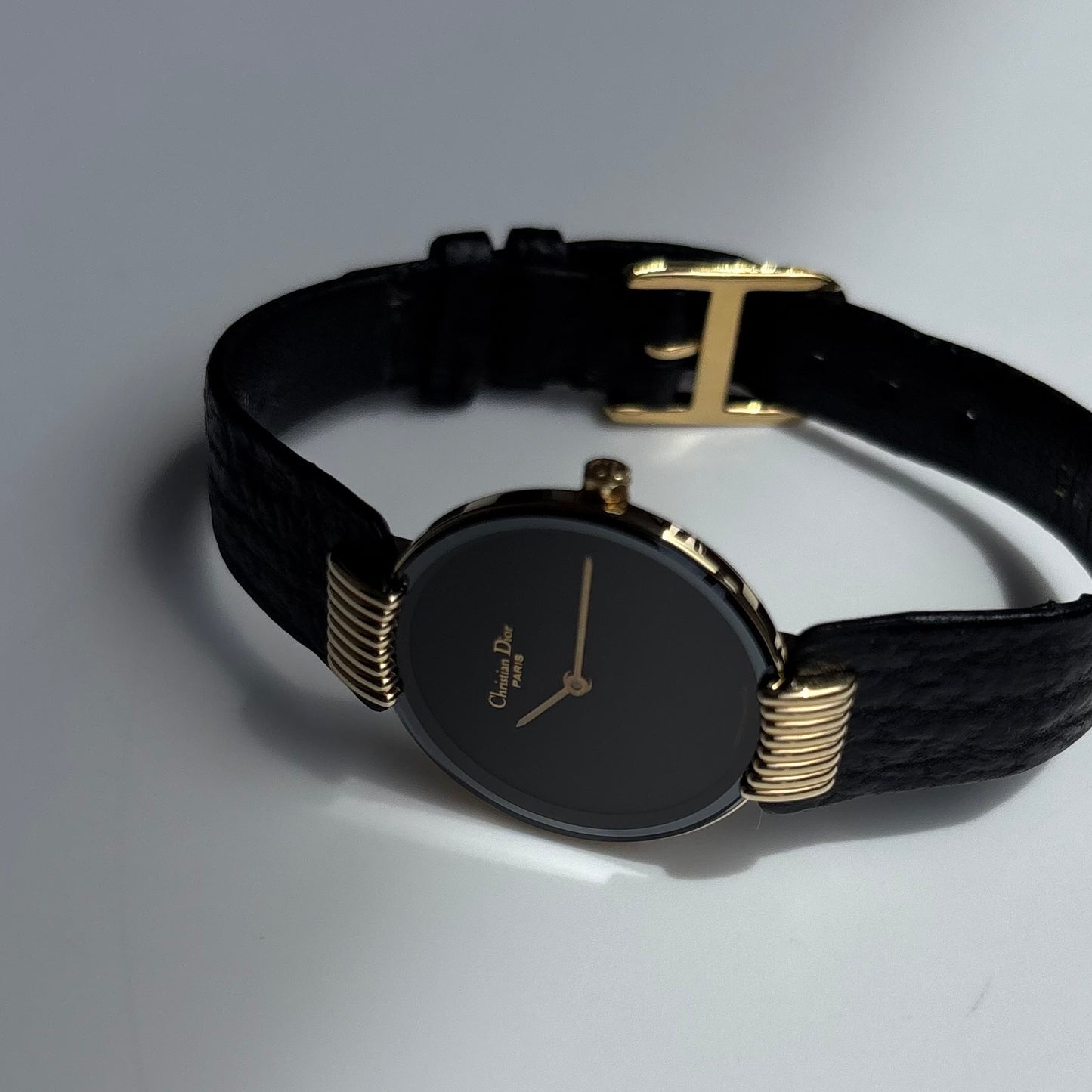 Dior 1990s Black Round Dial Gold Plated Watch