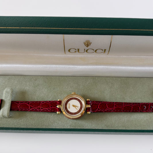 Gucci 1990s Sherry Red Round Dial  Gold Plated Watch