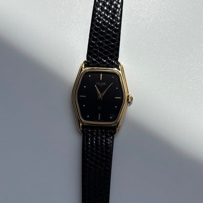 Celine 1980s Black Dial Gold Plated Watch