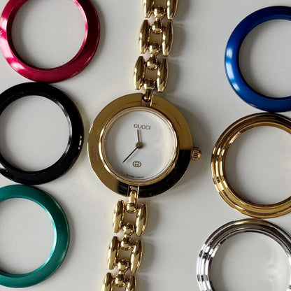 Gucci Interchangeable Bezel Gold Plated Rice Chain Watch with 6 bezels, case (168mm)
