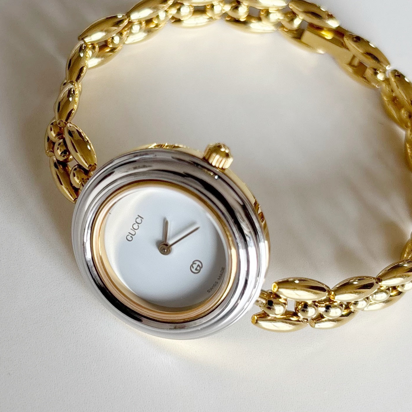 Gucci 1990s Interchangeable Bezel Gold Plated Rice Chain Watch with 6 bezels, case (160mm)