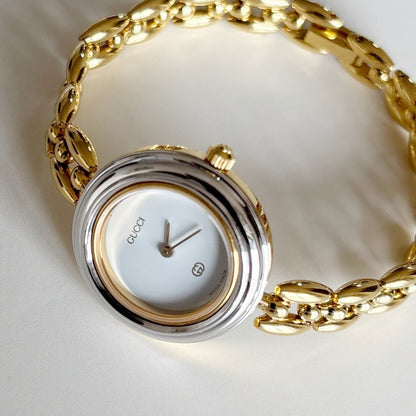 Gucci 1990s Interchangeable Bezel Gold Plated Rice Chain Watch with 6 bezels, case (160mm)