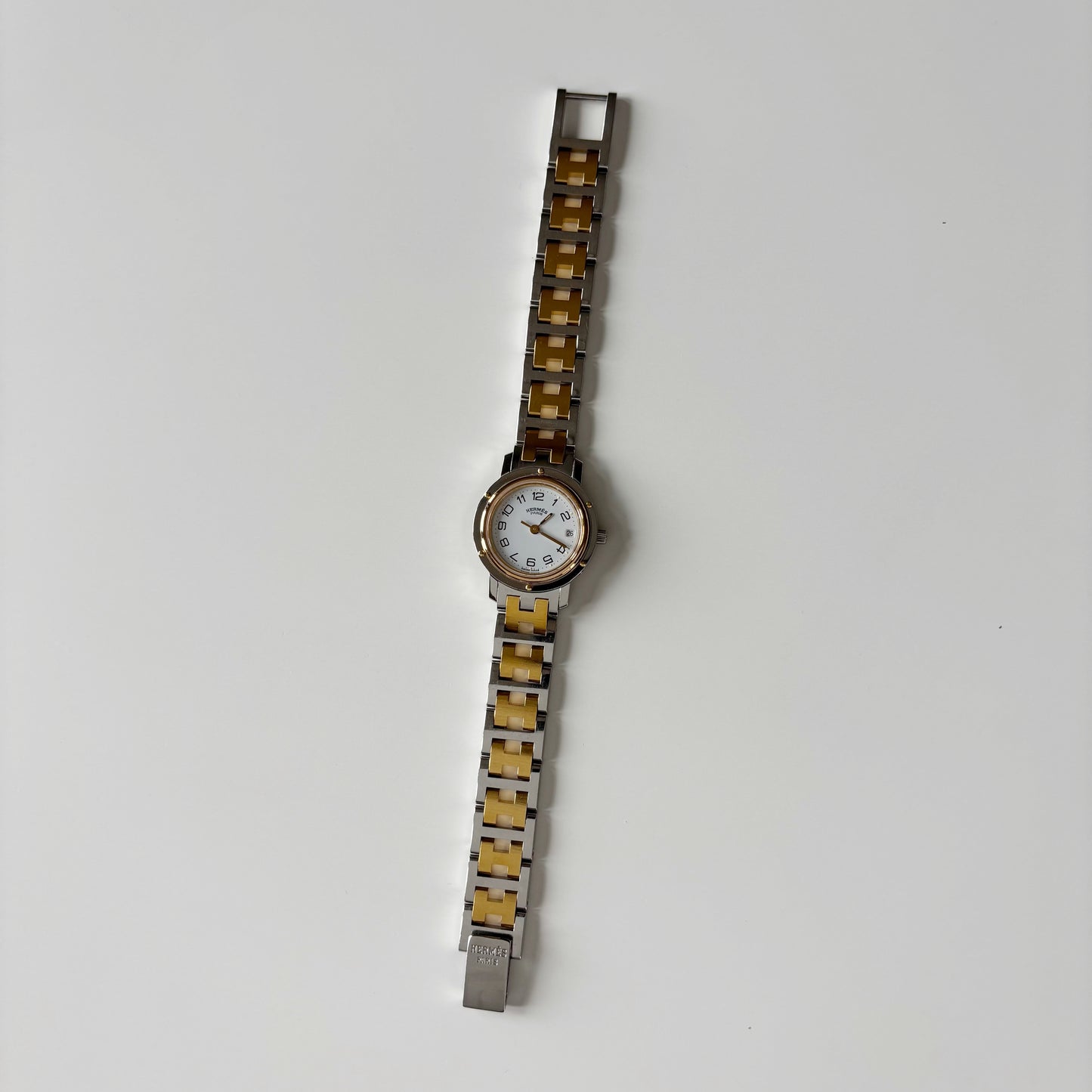 Hermes 1990s Clipper Date Round Dial Two Tone Gold Plated Watch