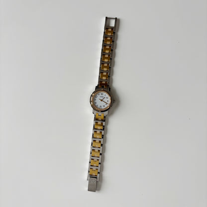 Hermes 1990s Clipper Date Round Dial Two Tone Gold Plated Watch