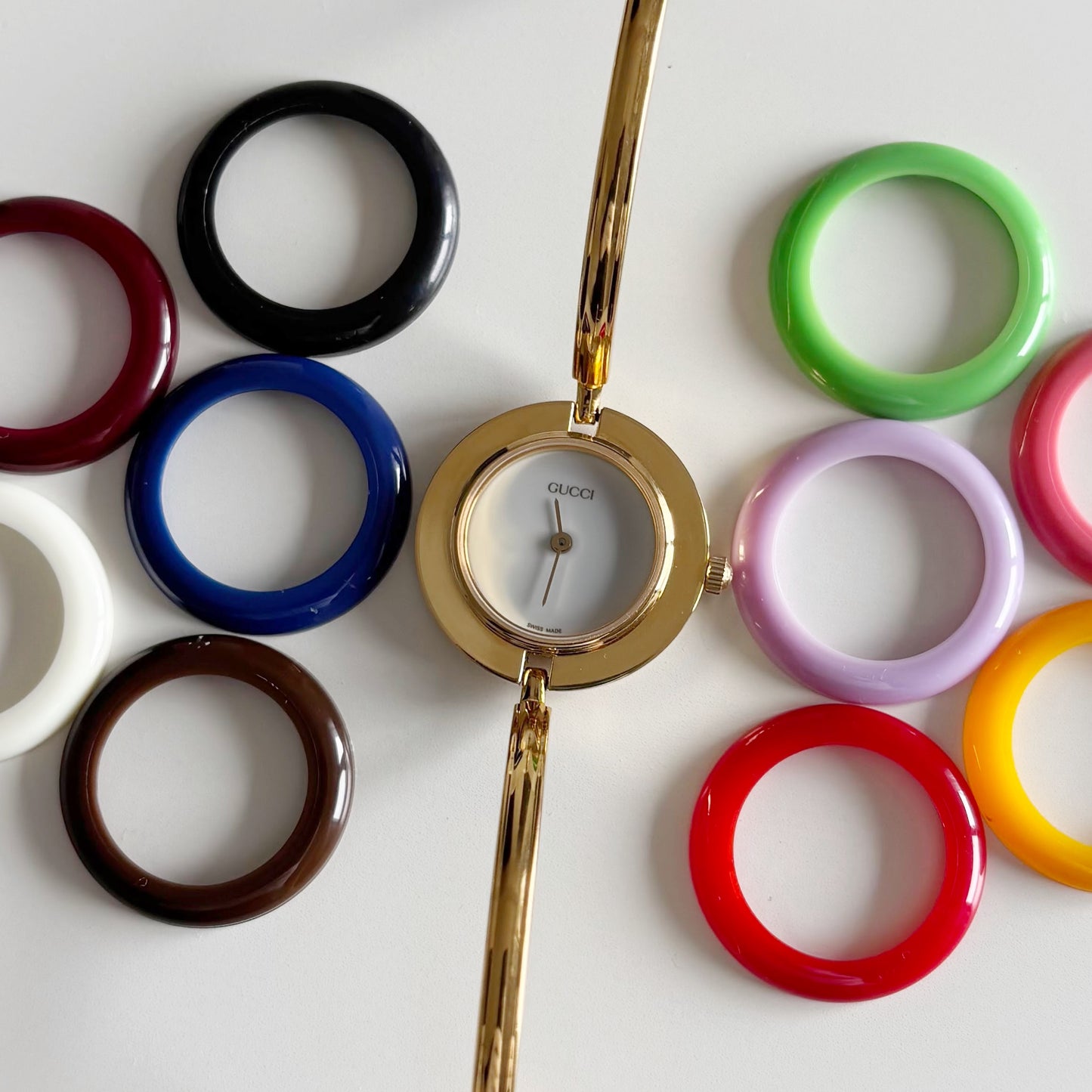 Gucci 1990s Interchangeable Bezel Gold Plated Watch with 12 bezels, case