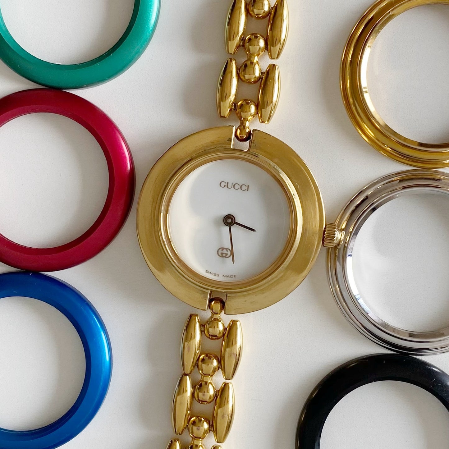 Gucci 1990s Interchangeable Bezel Gold Plated Watch with 6 bezels, case (165mm)