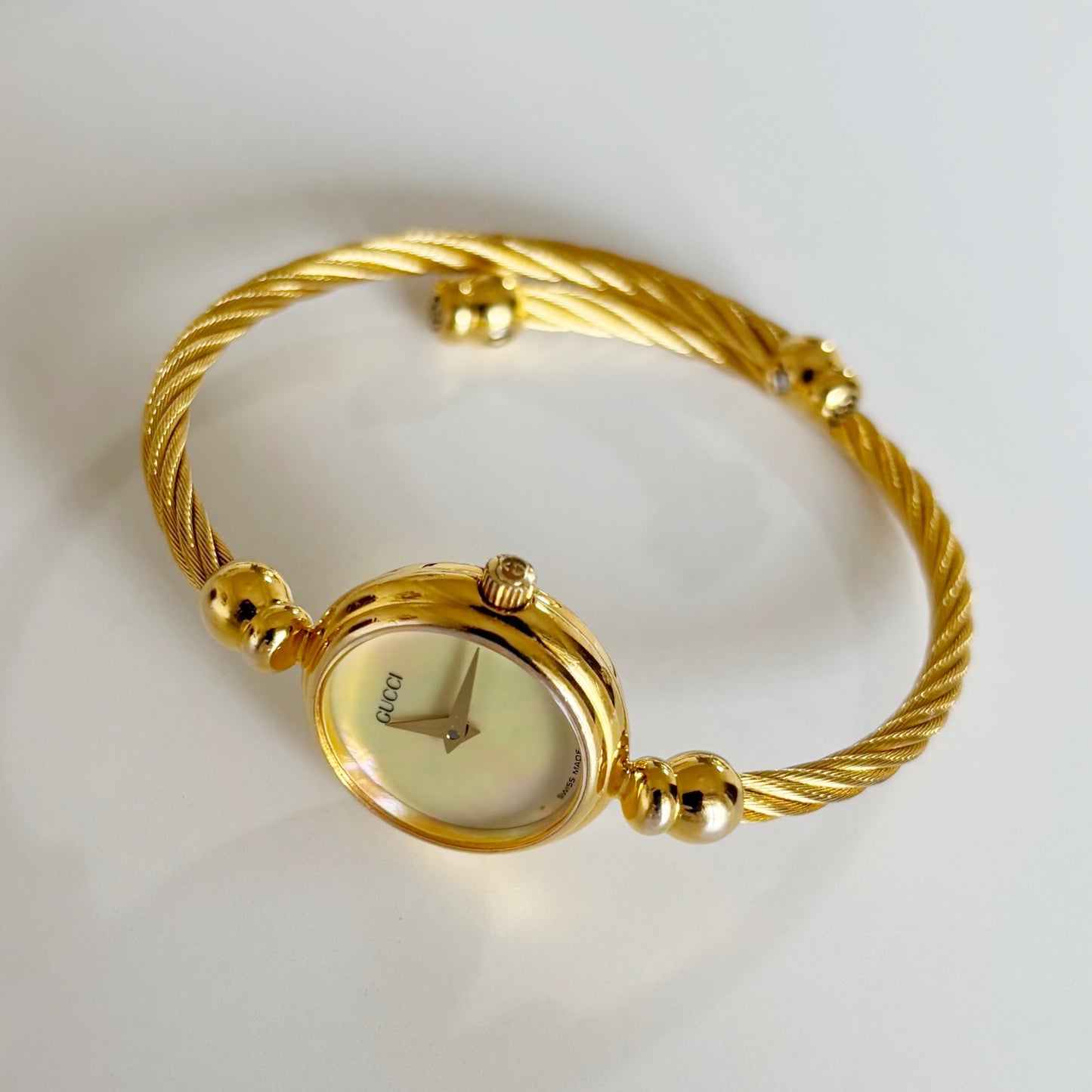 Gucci 1990s Seashell Dial Gold Plated Cable Bangle Watch