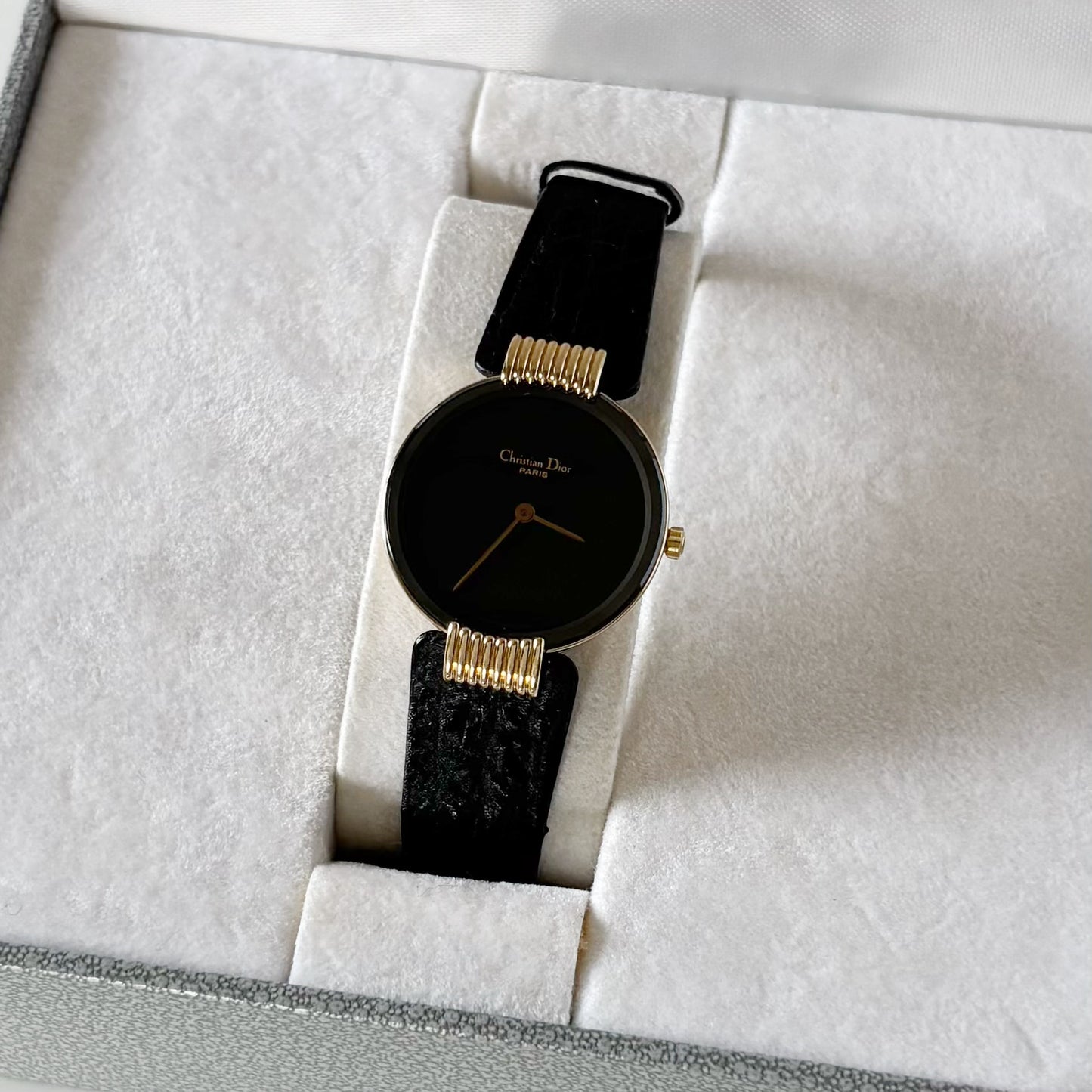 Dior 1990s Black Round Dial Gold Plated Watch