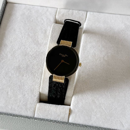 Dior 1990s Black Round Dial Gold Plated Watch
